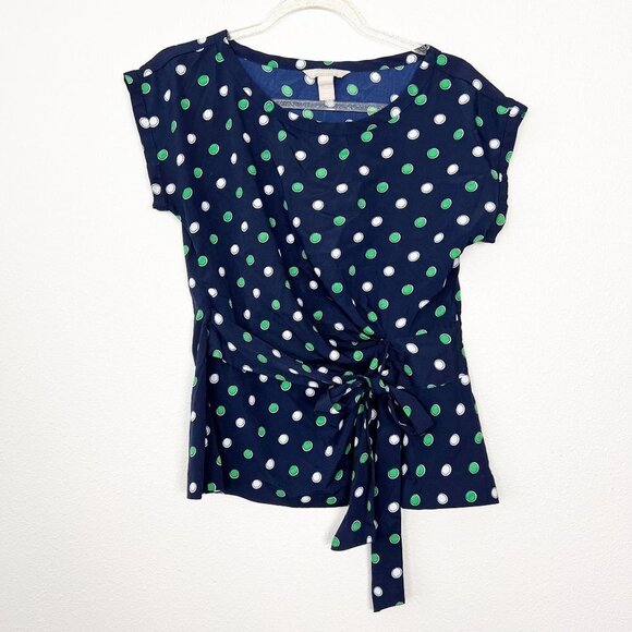 Banana Republic Factory Womens Small Tie Sash Tie Navy Polka Dot Blouse Career - Picture 1 of 6